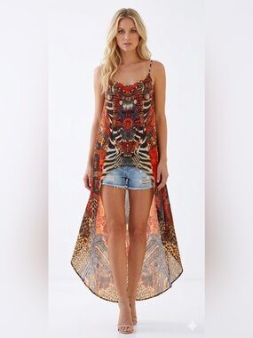 Classy Women’s High Low Dress Size M Boho Asymmetrical Beach Print Soho Summer